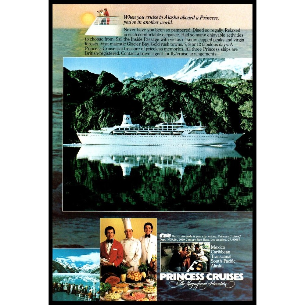 1980 Sea Princess Cruises Alaska Cruise Ship Vintage Print Ad Love Boat Wall Art